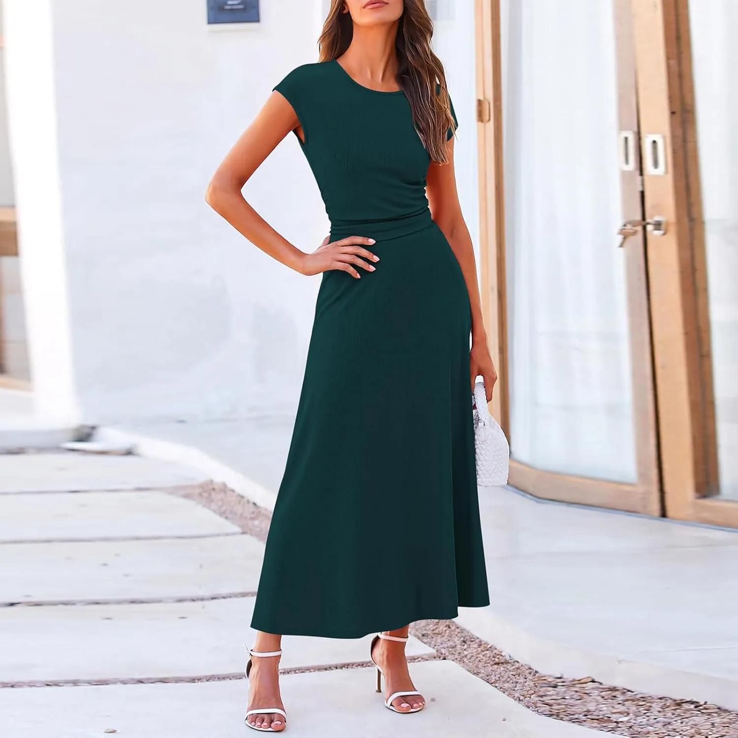 2 Piece Skirt Set Women Crew Neck Short Sleeve Cropped Top Elastic Waist Swing Skirts High Waist Maxi Skirt Set