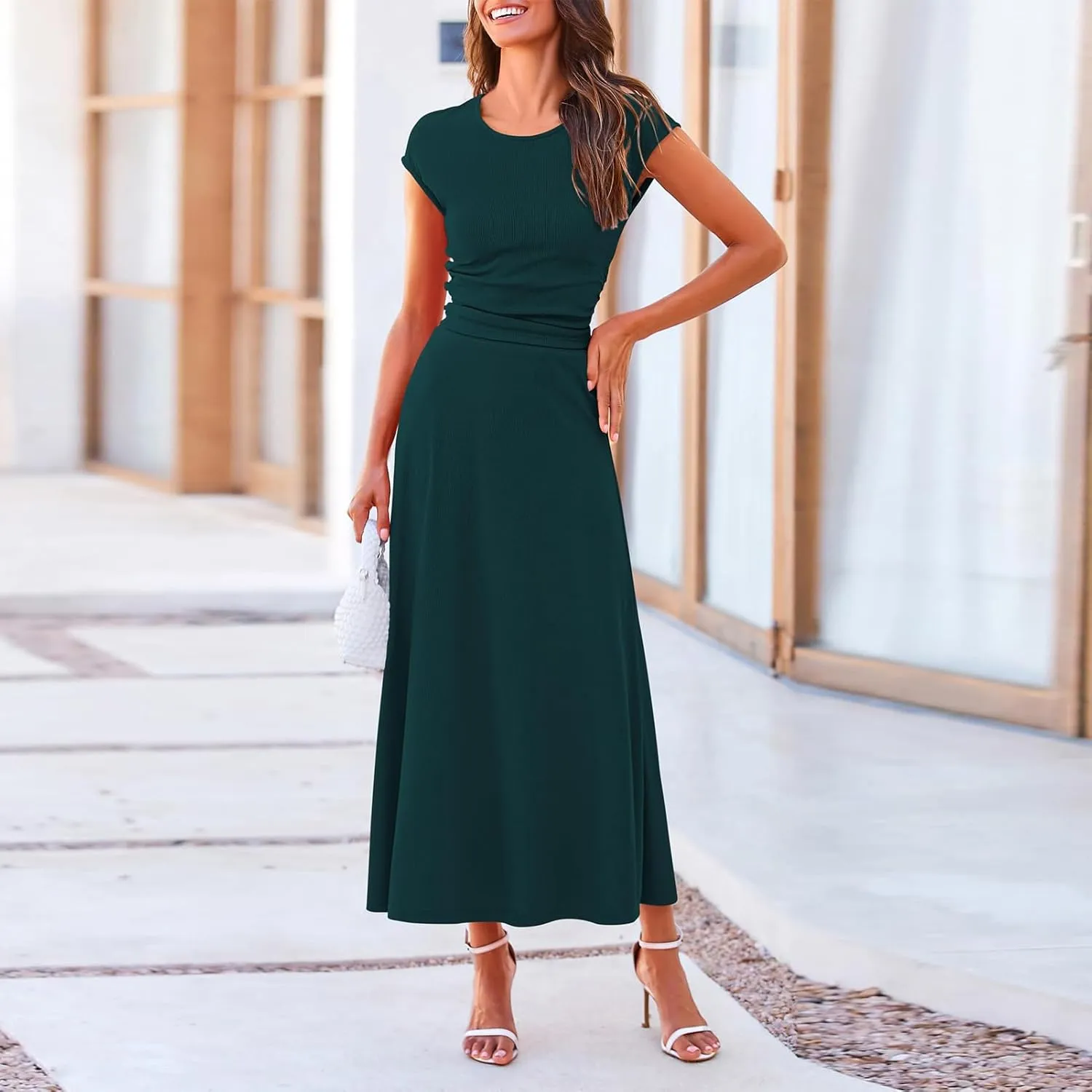 2 Piece Skirt Set Women Crew Neck Short Sleeve Cropped Top Elastic Waist Swing Skirts High Waist Maxi Skirt Set
