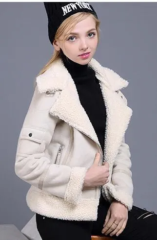2017 Shearling Sheepskin Coats Women Thick Suede Jackets Women Autumn Winter Lambs Wool Short Motorcycle Coats UV3001