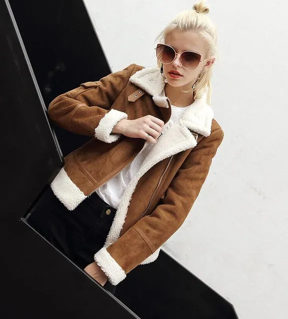 2017 Shearling Sheepskin Coats Women Thick Suede Jackets Women Autumn Winter Lambs Wool Short Motorcycle Coats UV3001