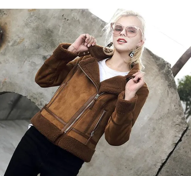 2017 Shearling Sheepskin Coats Women Thick Suede Jackets Women Autumn Winter Lambs Wool Short Motorcycle Coats UV3001