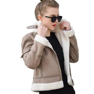 2017 Shearling Sheepskin Coats Women Thick Suede Jackets Women Autumn Winter Lambs Wool Short Motorcycle Coats UV3001
