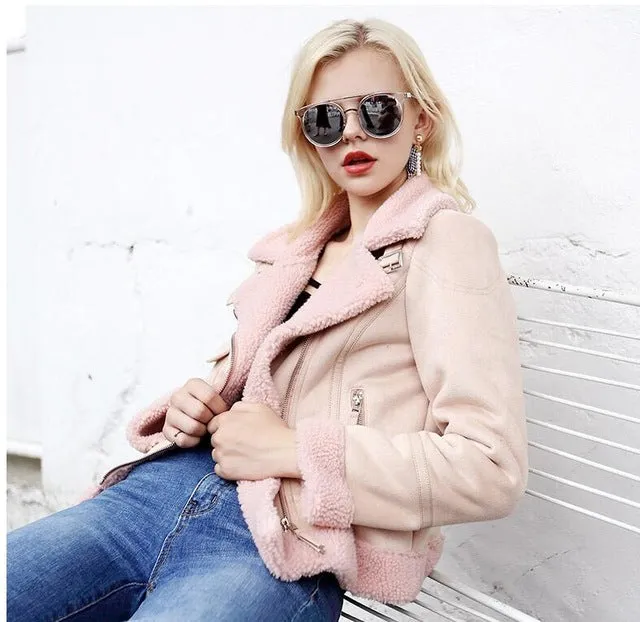 2017 Shearling Sheepskin Coats Women Thick Suede Jackets Women Autumn Winter Lambs Wool Short Motorcycle Coats UV3001