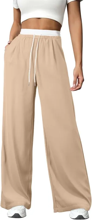 Acelitt Womens Winter Pants 2024 Wide Leg Drawstring Elastic Waist Casual Loose Comfy Trousers with Pockets