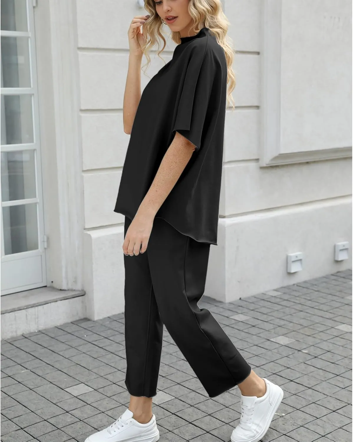 Ainangua Women Casual Two Piece Outfits 3/4 Batwing Sleeve Capelet CrewNeck Pullover Top Wide Leg Pants Lounge Sets Sweatsuit