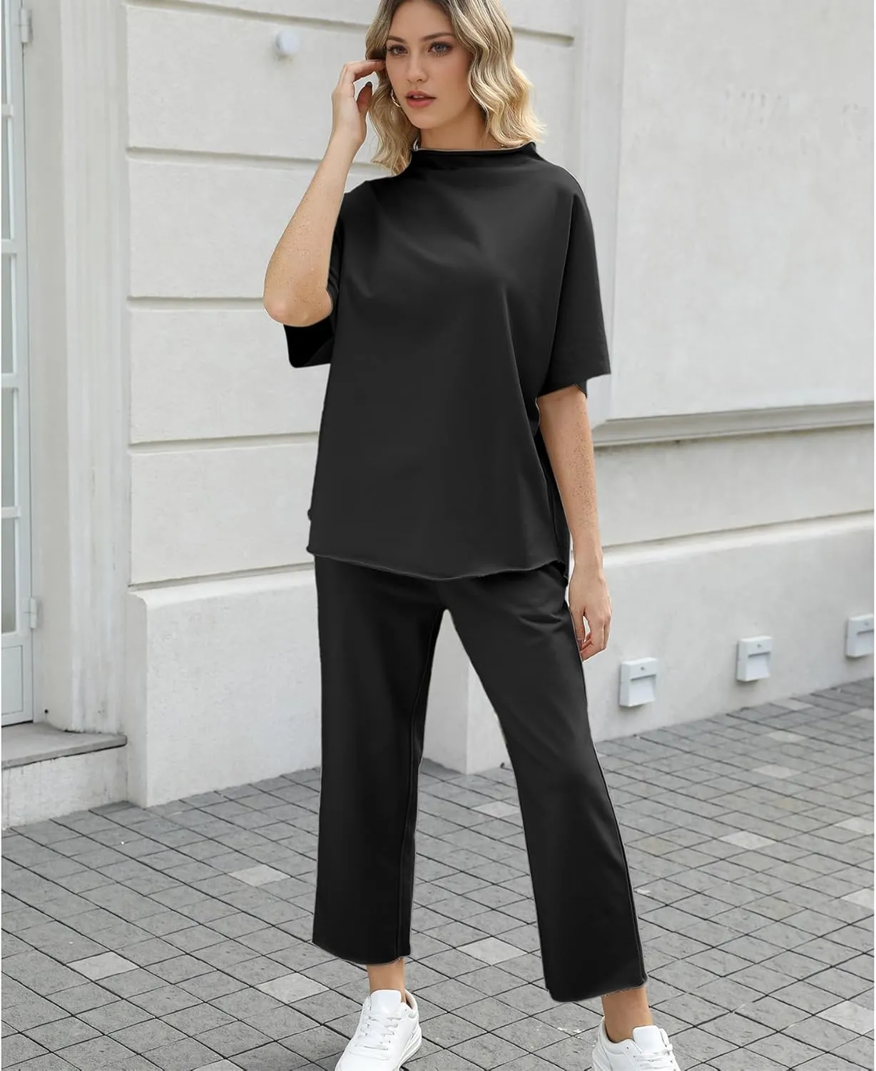 Ainangua Women Casual Two Piece Outfits 3/4 Batwing Sleeve Capelet CrewNeck Pullover Top Wide Leg Pants Lounge Sets Sweatsuit