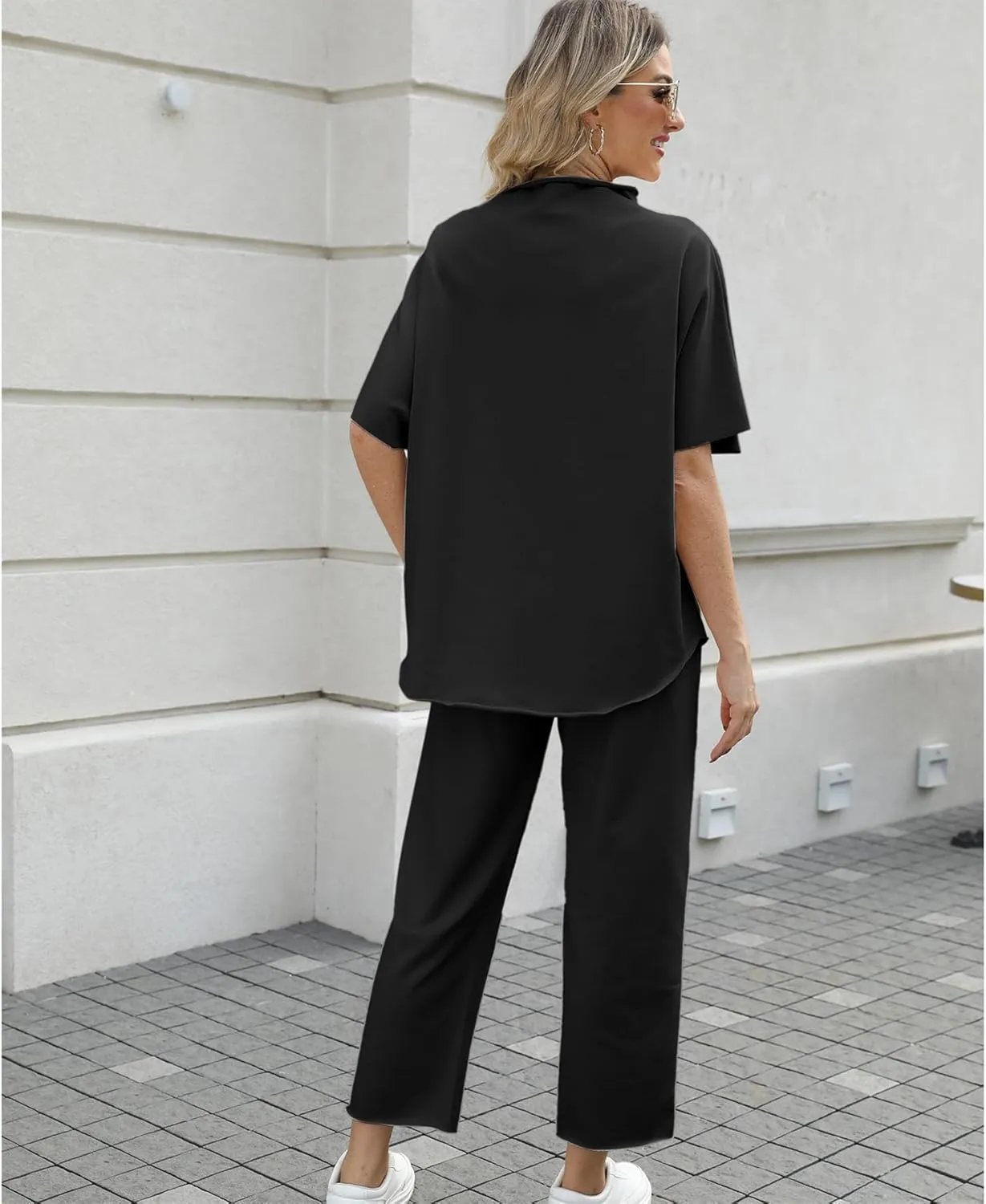 Ainangua Women Casual Two Piece Outfits 3/4 Batwing Sleeve Capelet CrewNeck Pullover Top Wide Leg Pants Lounge Sets Sweatsuit