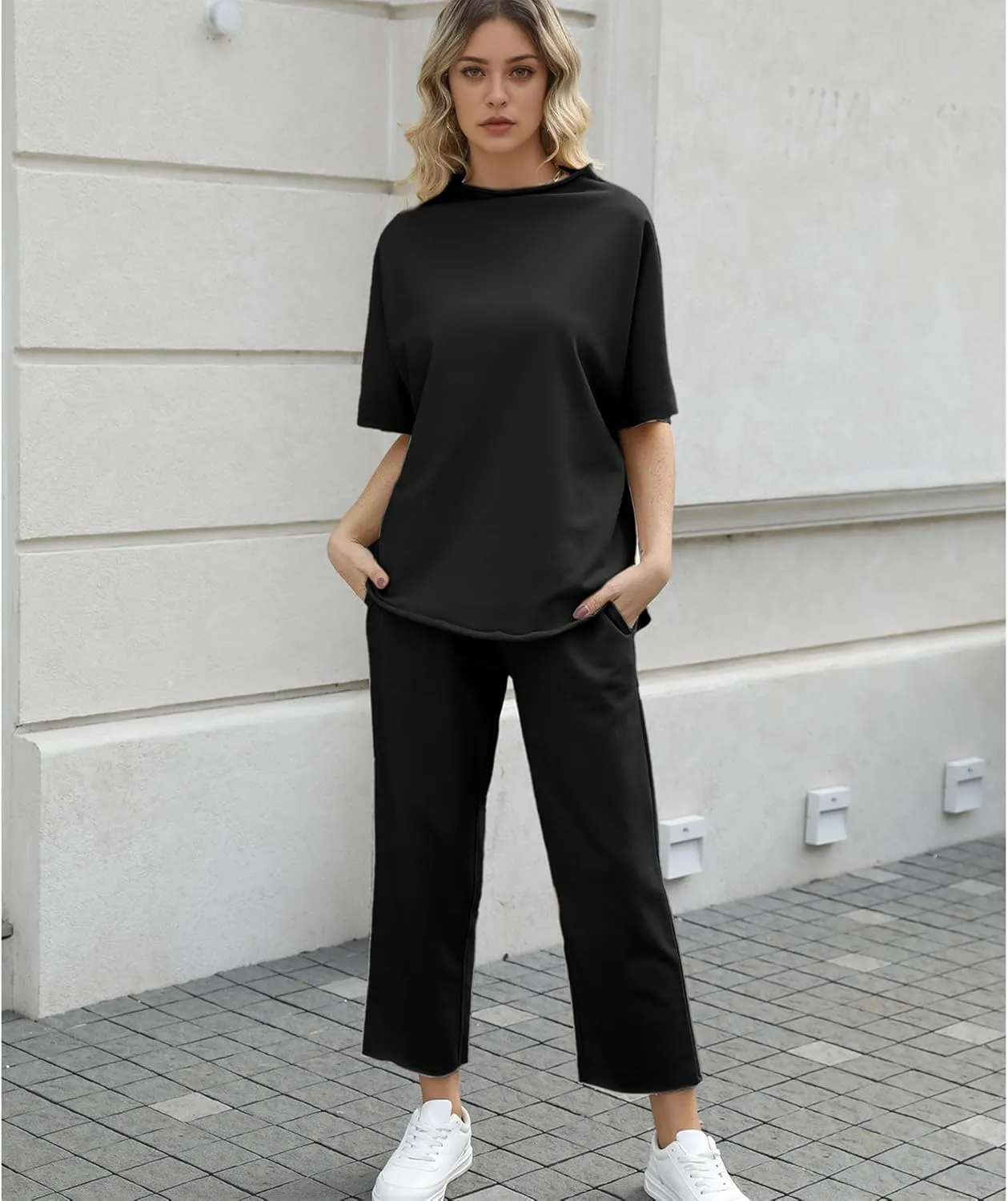 Ainangua Women Casual Two Piece Outfits 3/4 Batwing Sleeve Capelet CrewNeck Pullover Top Wide Leg Pants Lounge Sets Sweatsuit