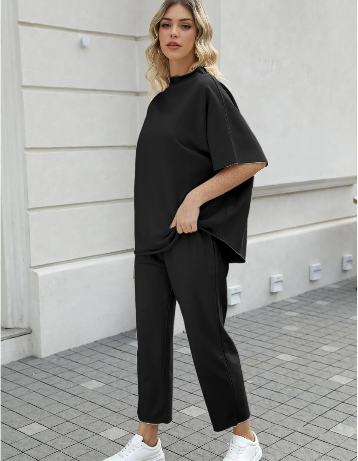 Ainangua Women Casual Two Piece Outfits 3/4 Batwing Sleeve Capelet CrewNeck Pullover Top Wide Leg Pants Lounge Sets Sweatsuit