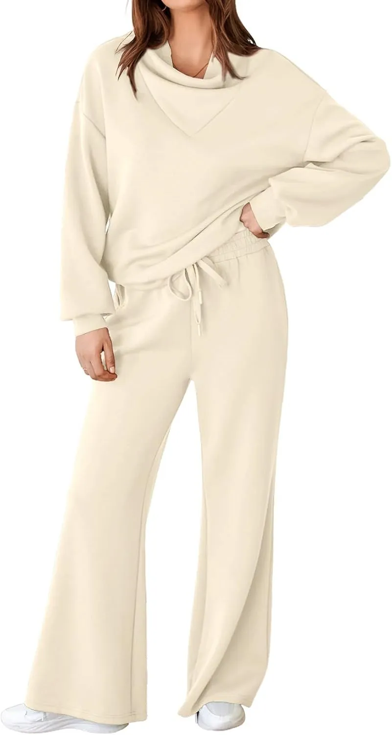 Aleumdr 2 Piece Lounge Set 2025 Fall Outfits Long Sleeve Mock Neck Sweatshirt with High Waist Sweatpants Tracksuit Set Beige Medium