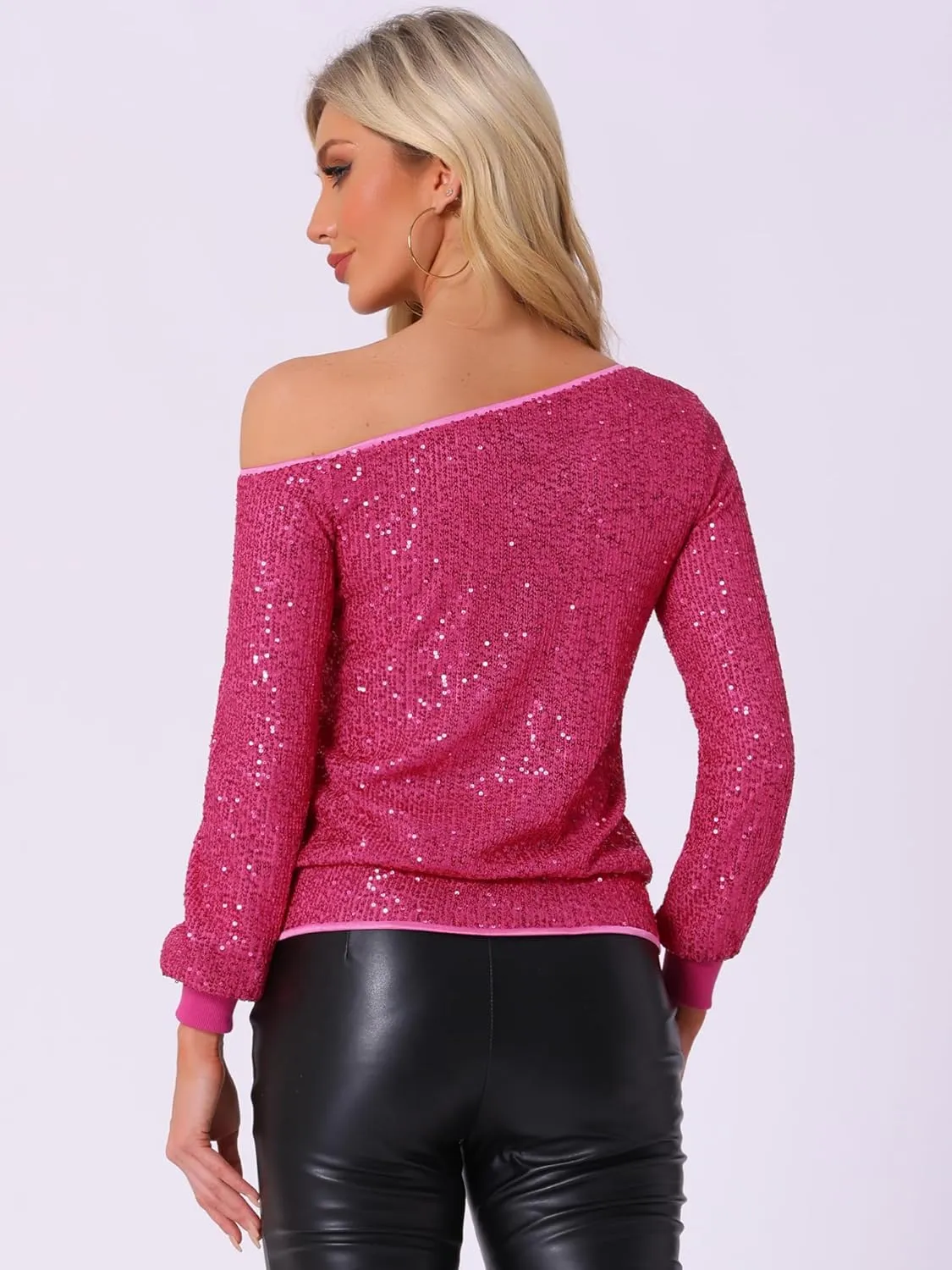 Allegra K Sparkly Sequin Top for Women's Off-Shoulder Long Sleeve Party Tops