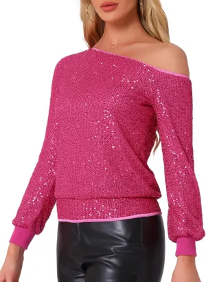 Allegra K Sparkly Sequin Top for Women's Off-Shoulder Long Sleeve Party Tops
