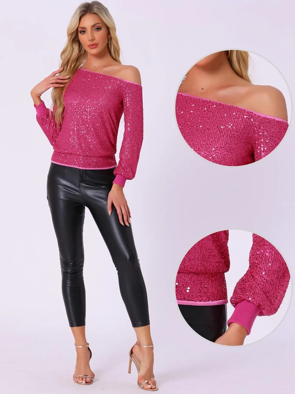 Allegra K Sparkly Sequin Top for Women's Off-Shoulder Long Sleeve Party Tops