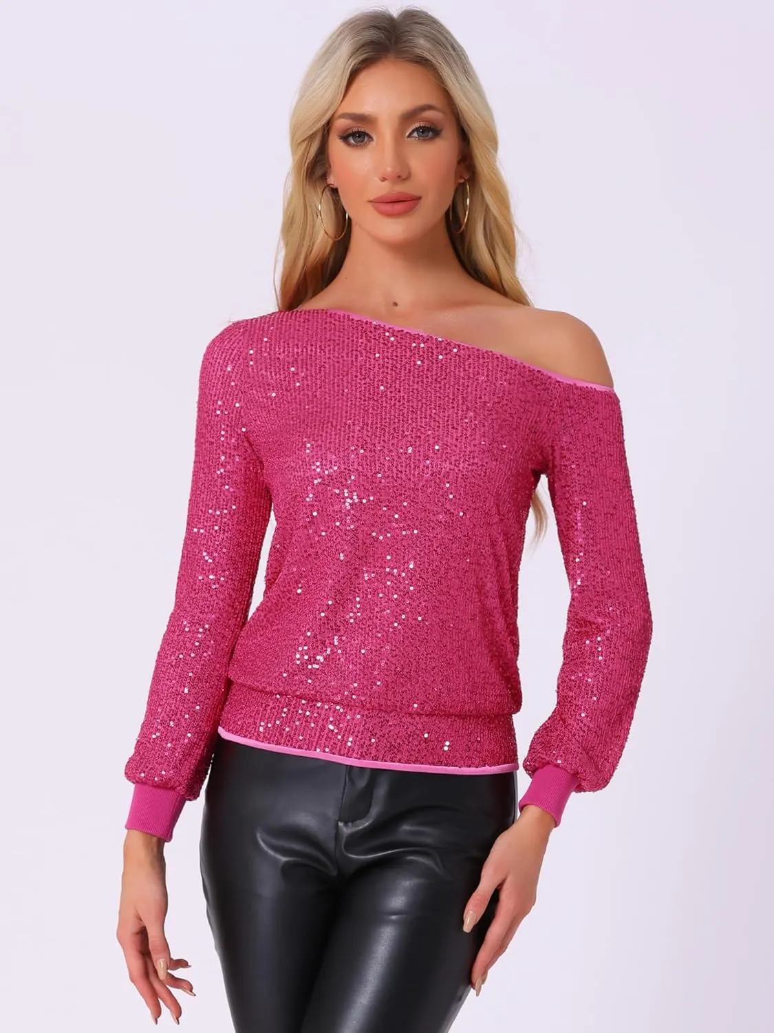 Allegra K Sparkly Sequin Top for Women's Off-Shoulder Long Sleeve Party Tops