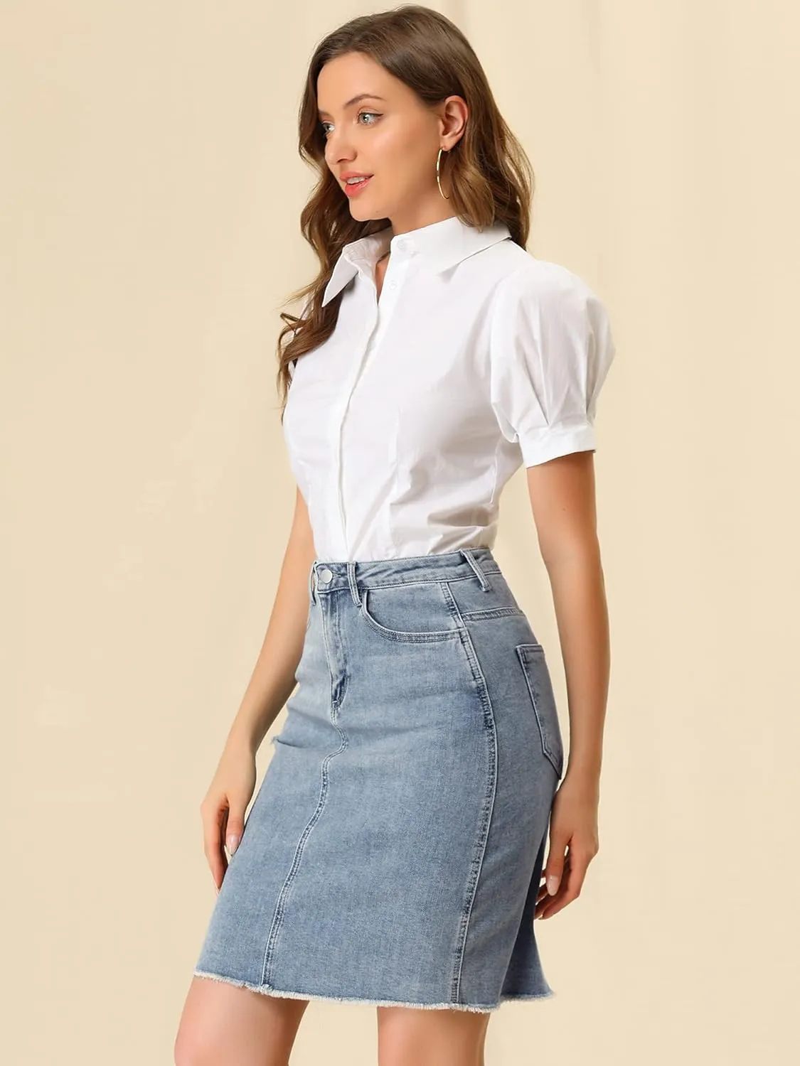 Allegra K Women's Basic Distressed High Waist Ripped Hem Washed Jeans Denim Skirt