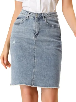 Allegra K Women's Basic Distressed High Waist Ripped Hem Washed Jeans Denim Skirt