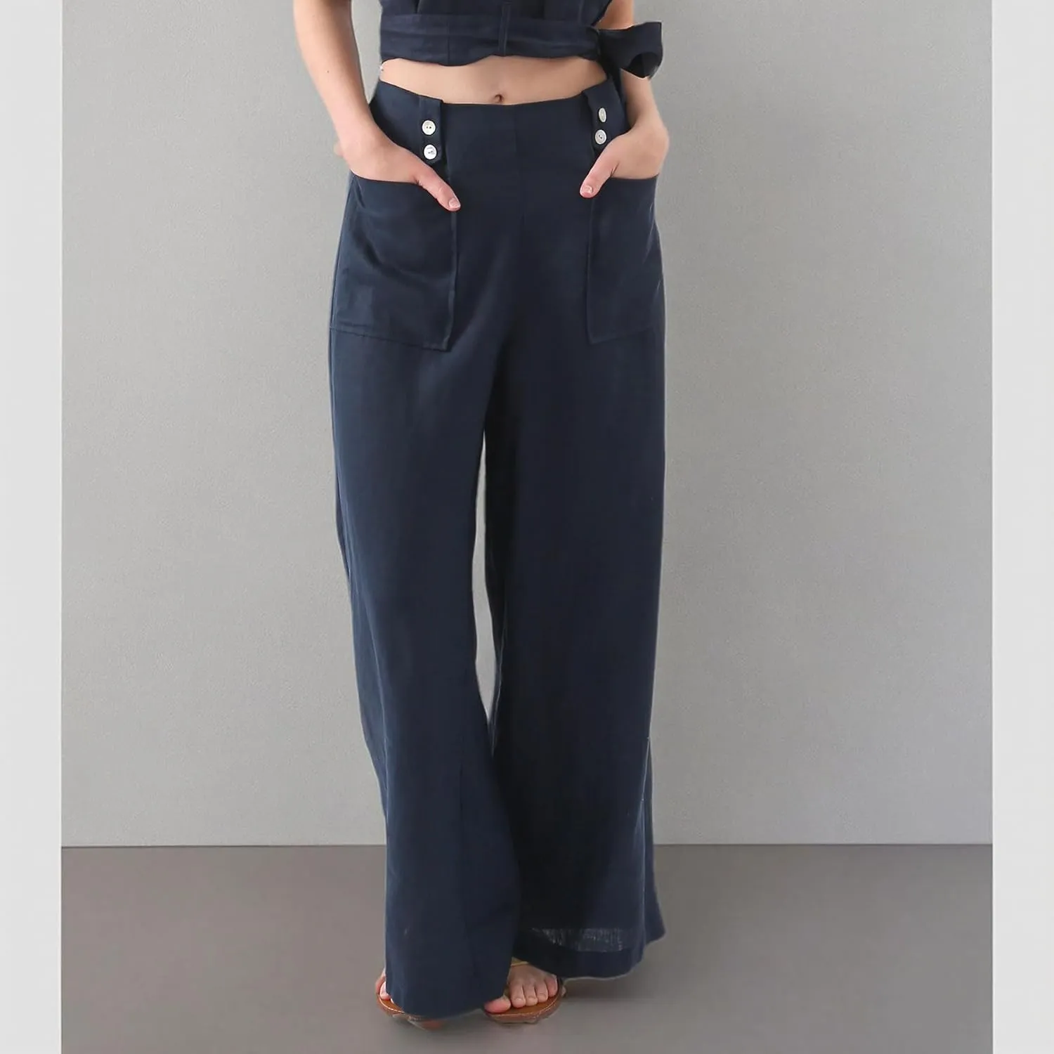 Amazhiyu Womens Pure Linen High Waist Wide Leg Pants with Pockets for Casual Summer