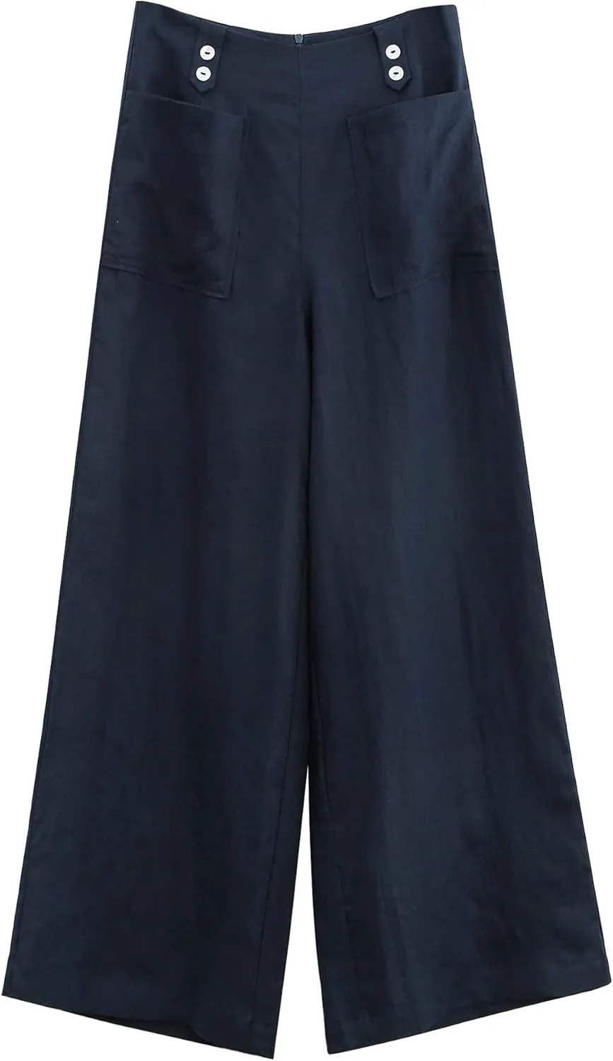 Amazhiyu Womens Pure Linen High Waist Wide Leg Pants with Pockets for Casual Summer