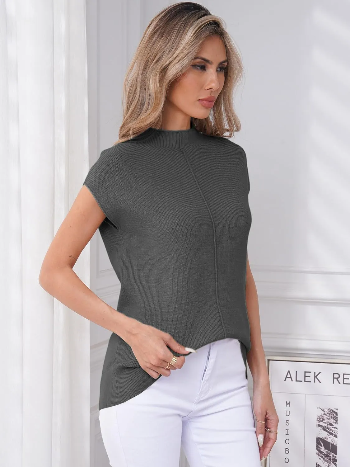Anbech Women's Mock Neck Sleeveless Sweater Vest Cap Sleeve Knit Summer Tank Tops