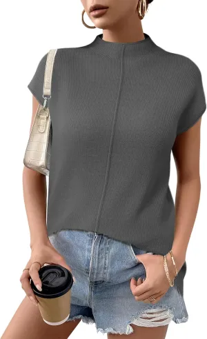 Anbech Women's Mock Neck Sleeveless Sweater Vest Cap Sleeve Knit Summer Tank Tops