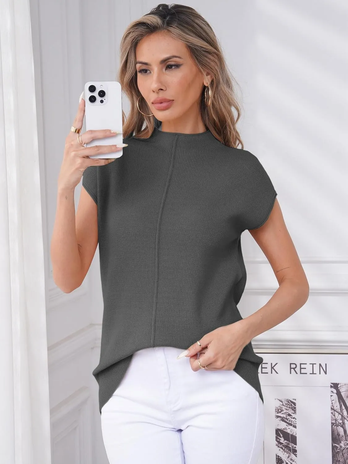 Anbech Women's Mock Neck Sleeveless Sweater Vest Cap Sleeve Knit Summer Tank Tops