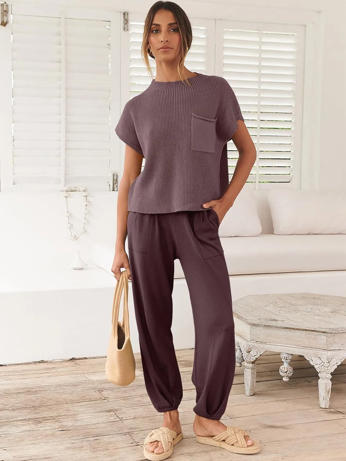 ANRABESS Women's Two Piece Outfits Knit Sweater Vest Crop Top Pants Lounge Matching Tracksuit Sweatsuit Travel Clothes Sets