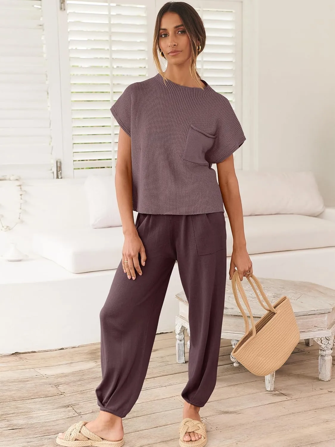 ANRABESS Women's Two Piece Outfits Knit Sweater Vest Crop Top Pants Lounge Matching Tracksuit Sweatsuit Travel Clothes Sets