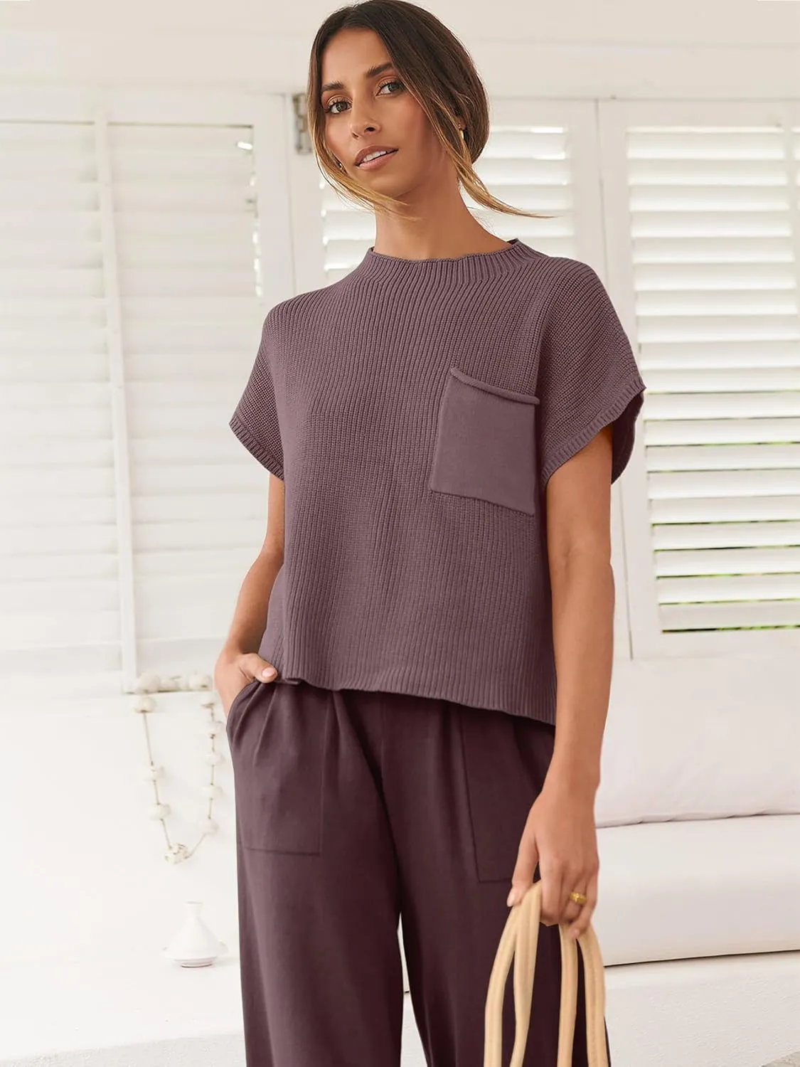 ANRABESS Women's Two Piece Outfits Knit Sweater Vest Crop Top Pants Lounge Matching Tracksuit Sweatsuit Travel Clothes Sets