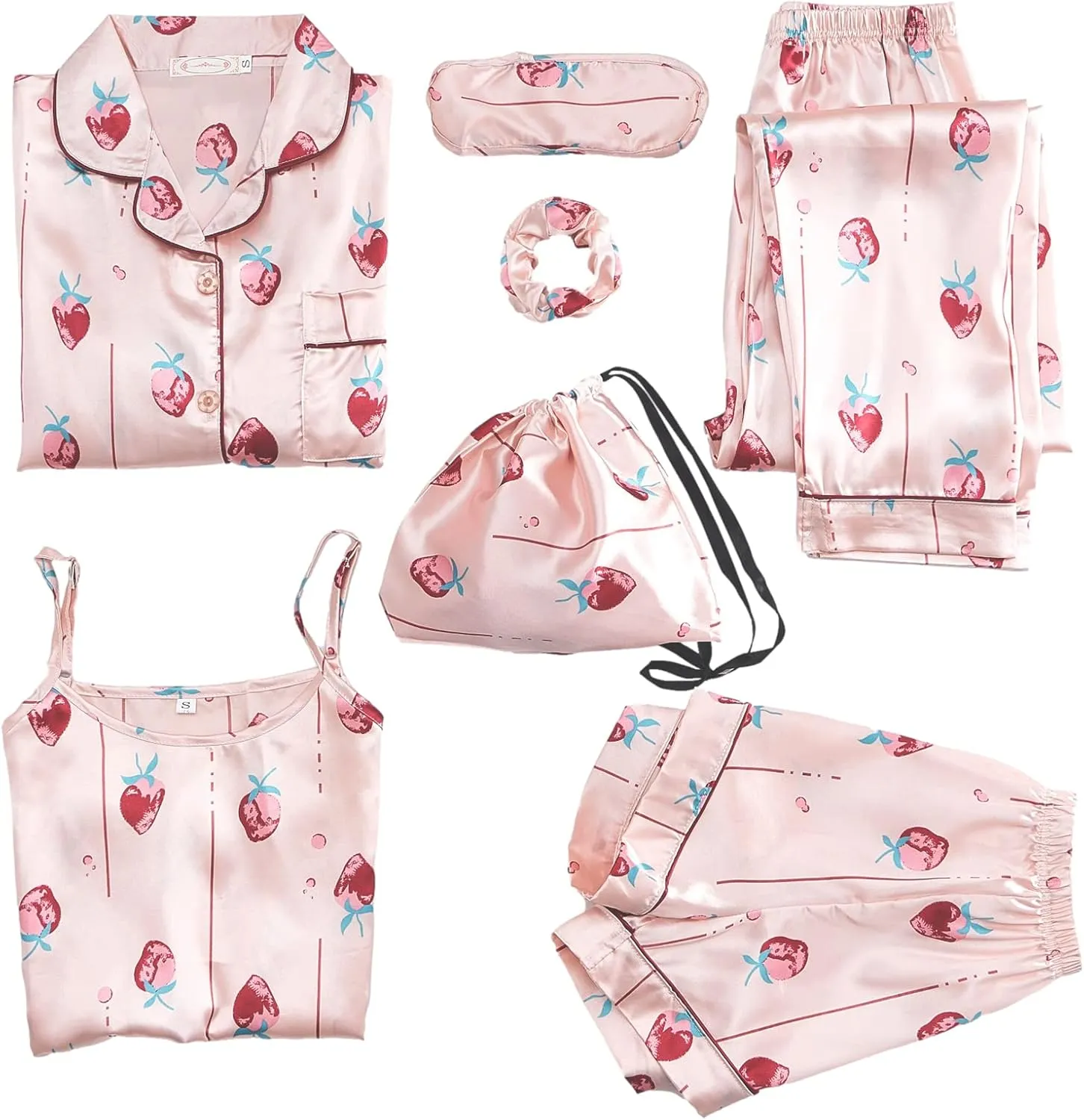 ANUFER Womens 7PCS Satin Pajama Set Spring Summer Autumn Tops & Pants Shorts Sleepwear