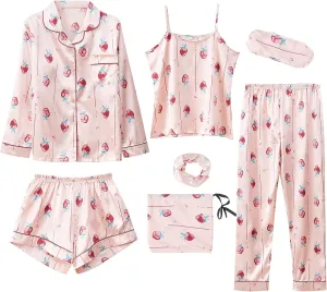 ANUFER Womens 7PCS Satin Pajama Set Spring Summer Autumn Tops & Pants Shorts Sleepwear