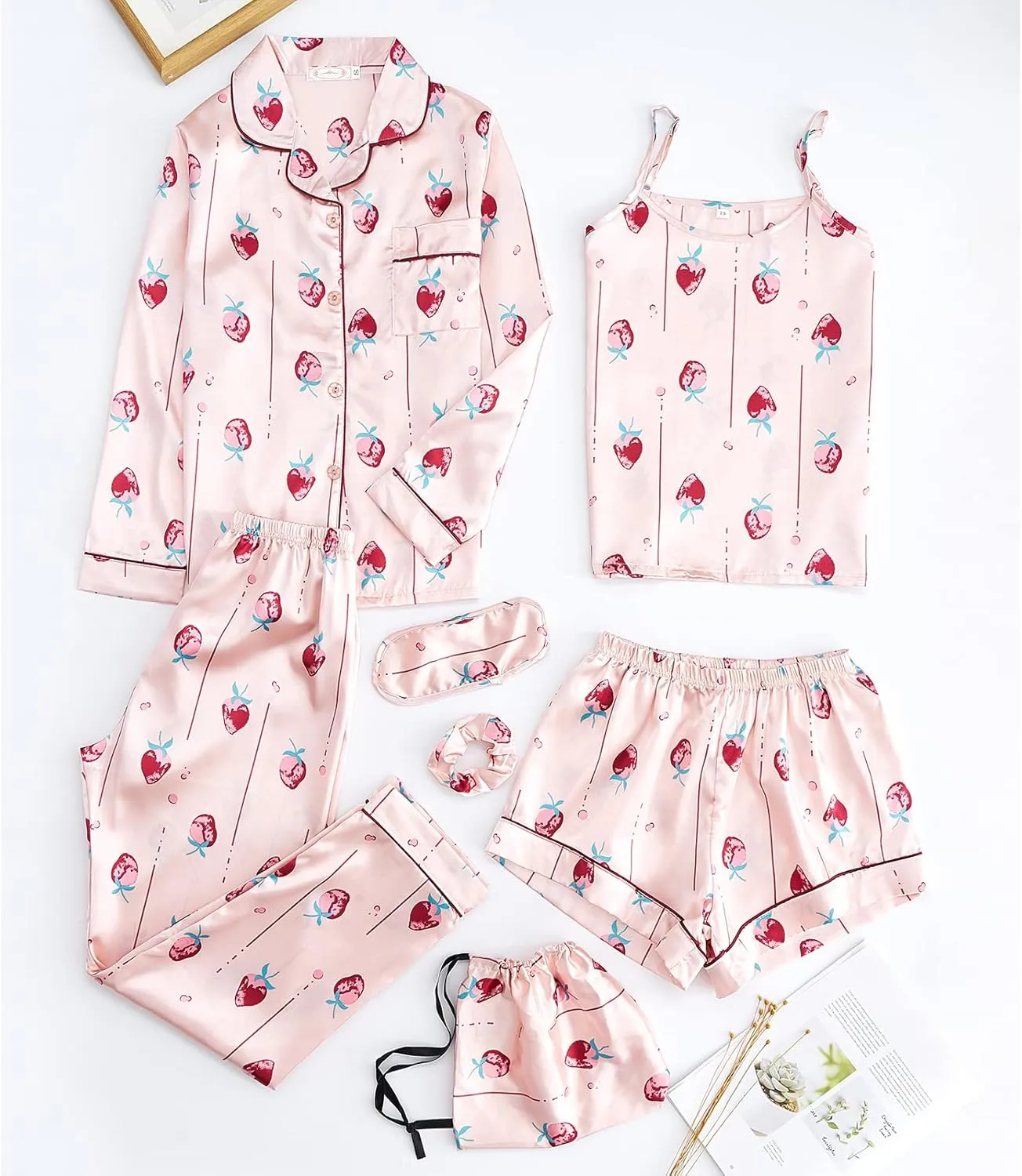 ANUFER Womens 7PCS Satin Pajama Set Spring Summer Autumn Tops & Pants Shorts Sleepwear
