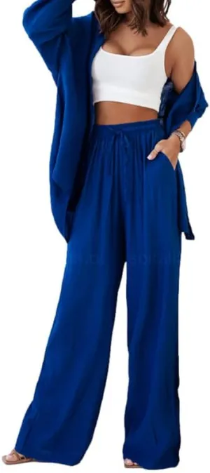 Argeousgor Women's 2 Piece Casual Outfits Button Down Long Sleeve Shirt Top High Waist Pleated Pants Sets Loungewear Streetwear Suits(C1-Blue,M)