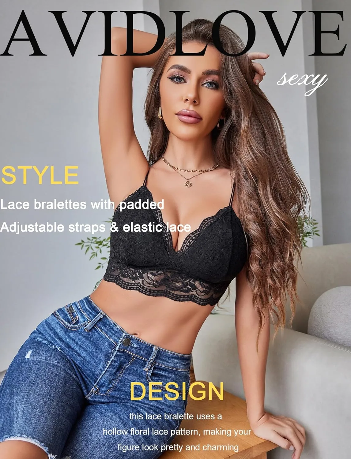 Avidlove Lace Bralette for Women V Neck Tank Top Spaghetti Strap Tube Slim Camisole Lingerie with Detachable Padded