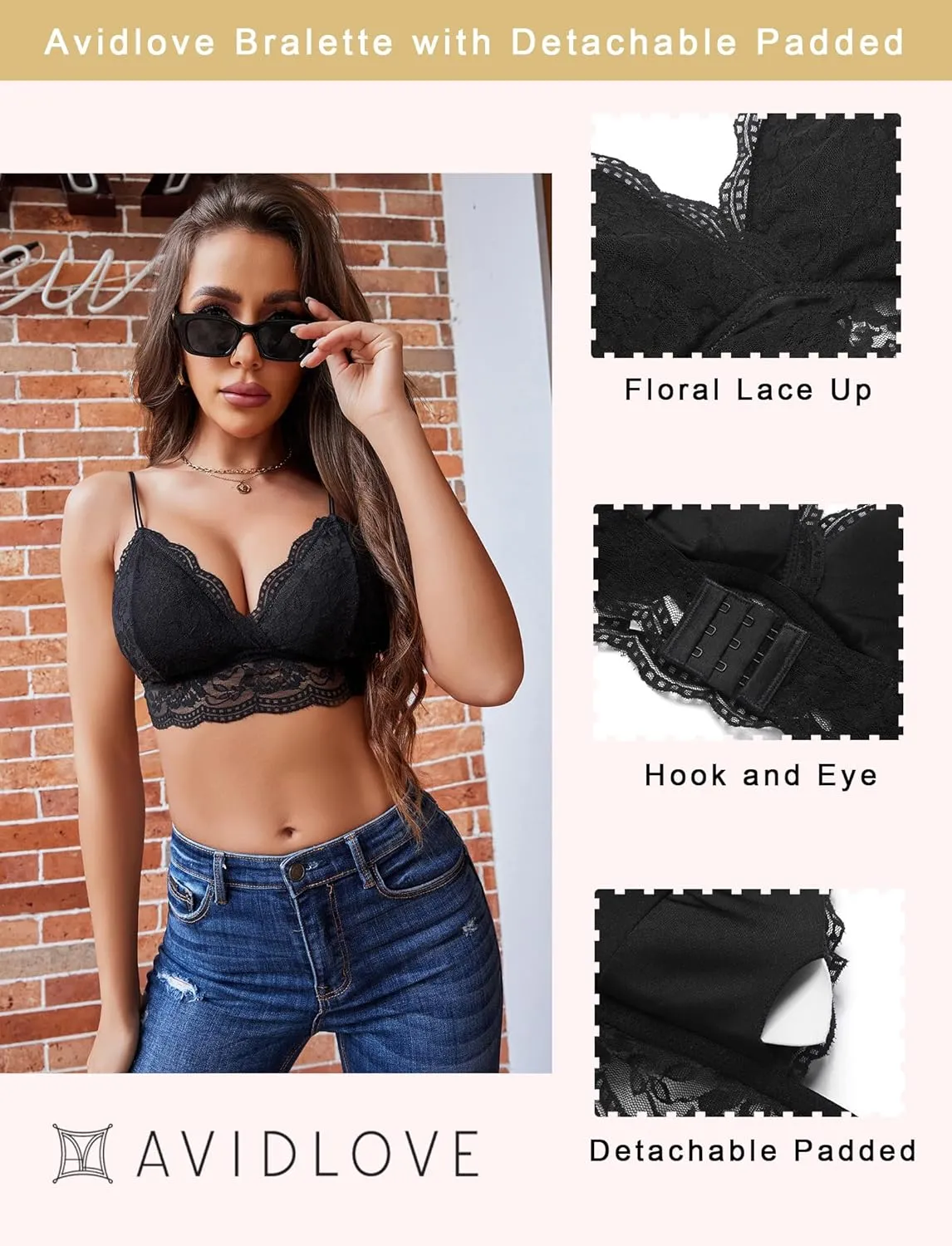 Avidlove Lace Bralette for Women V Neck Tank Top Spaghetti Strap Tube Slim Camisole Lingerie with Detachable Padded