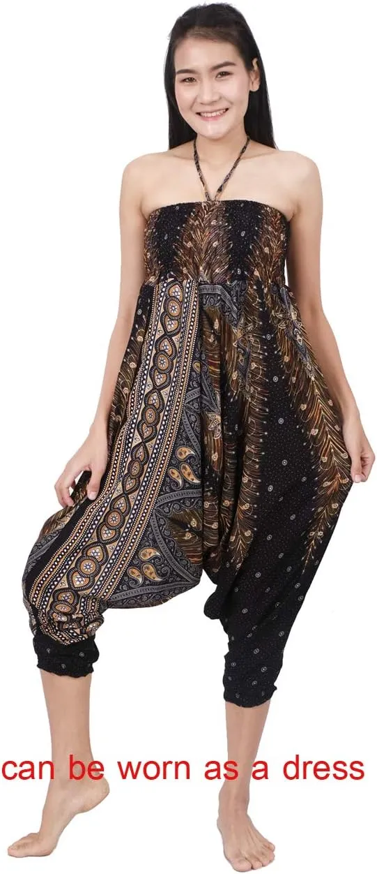 Banjamath Women's Peacock Print Aladdin Harem Hippie Pants Jumpsuit
