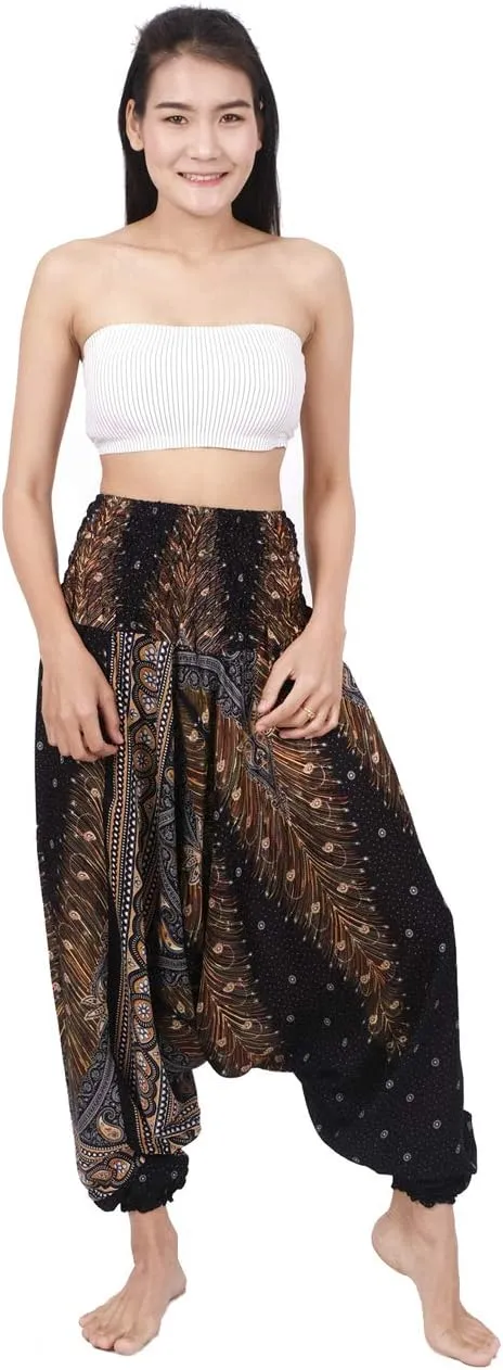Banjamath Women's Peacock Print Aladdin Harem Hippie Pants Jumpsuit