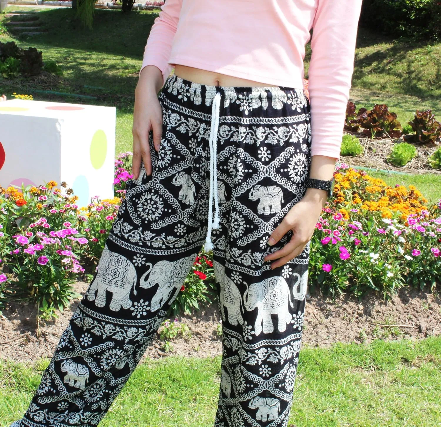Banjamath Women's Smocked Waist Harem Hippie Boho Yoga Palazzo Casual Pants