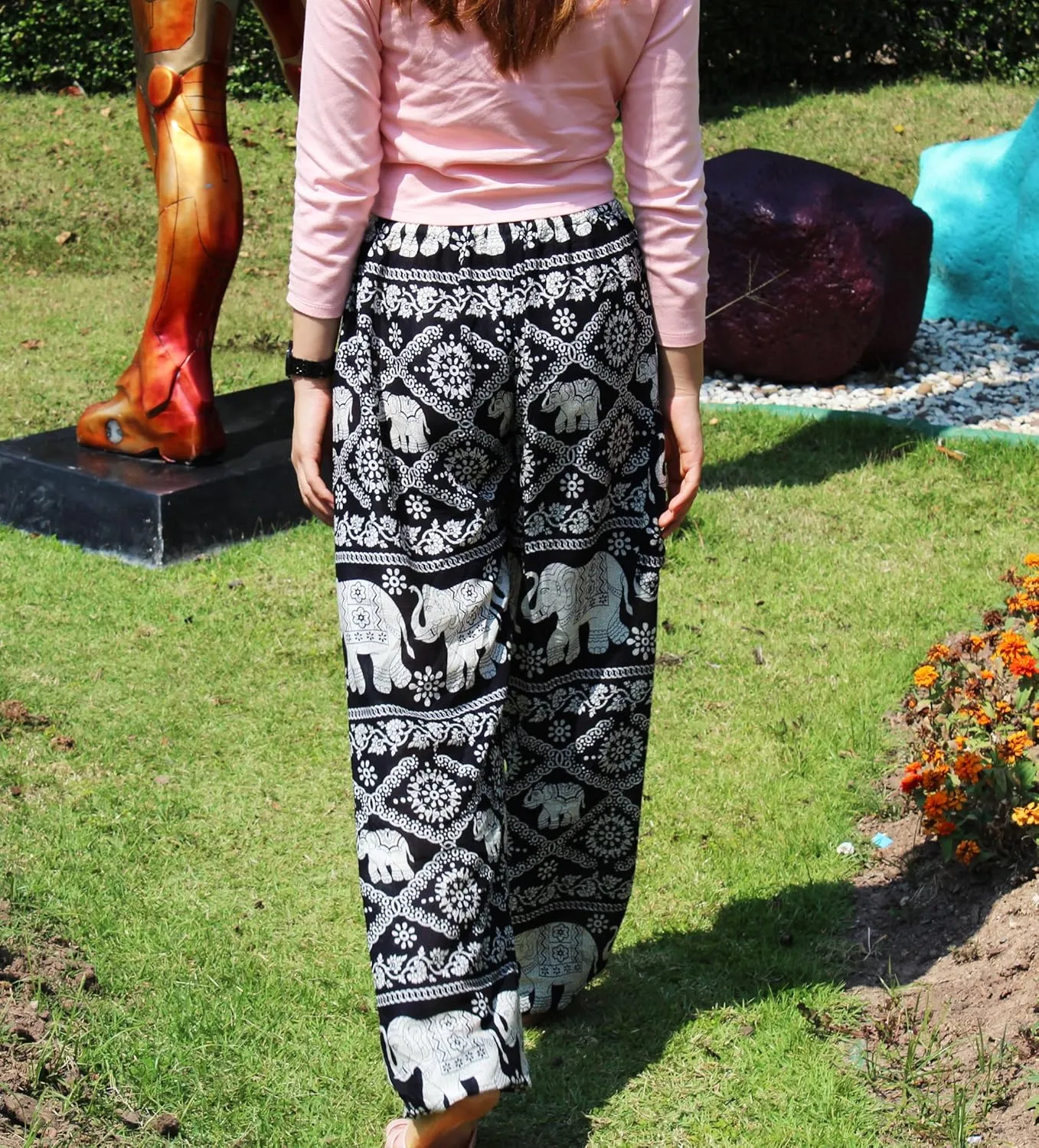 Banjamath Women's Smocked Waist Harem Hippie Boho Yoga Palazzo Casual Pants