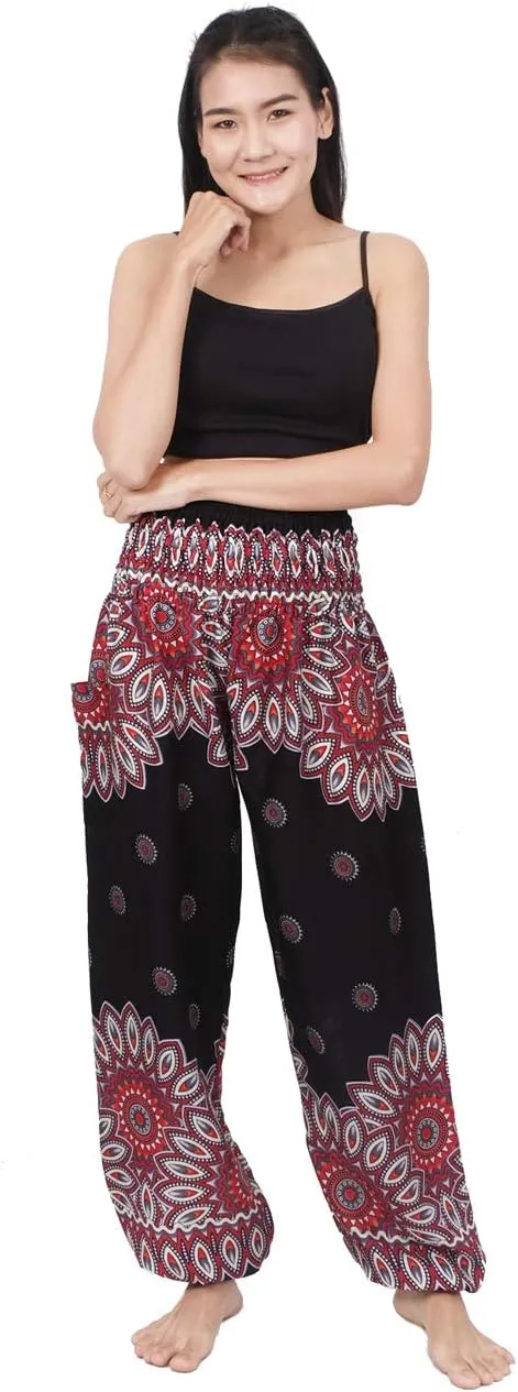 Banjamath Women's Smocked Waist Harem Hippie Boho Yoga Palazzo Casual Pants