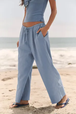 Bankeng Women's Cotton Linen Palazzo Pants Drawstring Elastic Waist Casual Wide Leg Beach Trousers with Pockets