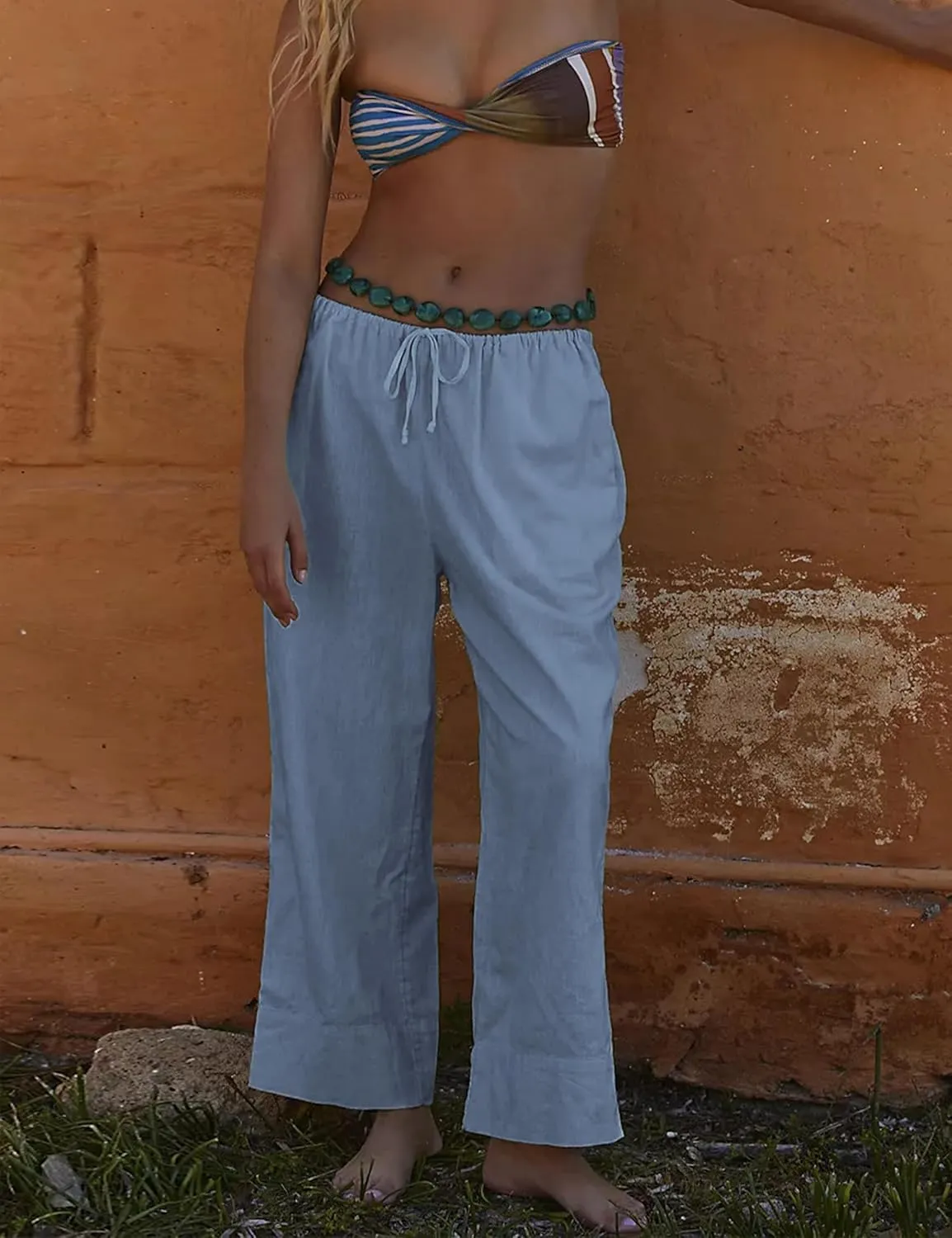 Bankeng Women's Cotton Linen Palazzo Pants Drawstring Elastic Waist Casual Wide Leg Beach Trousers with Pockets