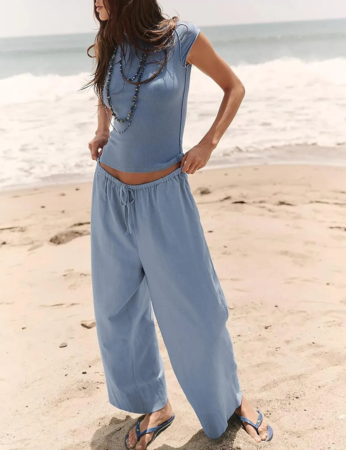 Bankeng Women's Cotton Linen Palazzo Pants Drawstring Elastic Waist Casual Wide Leg Beach Trousers with Pockets