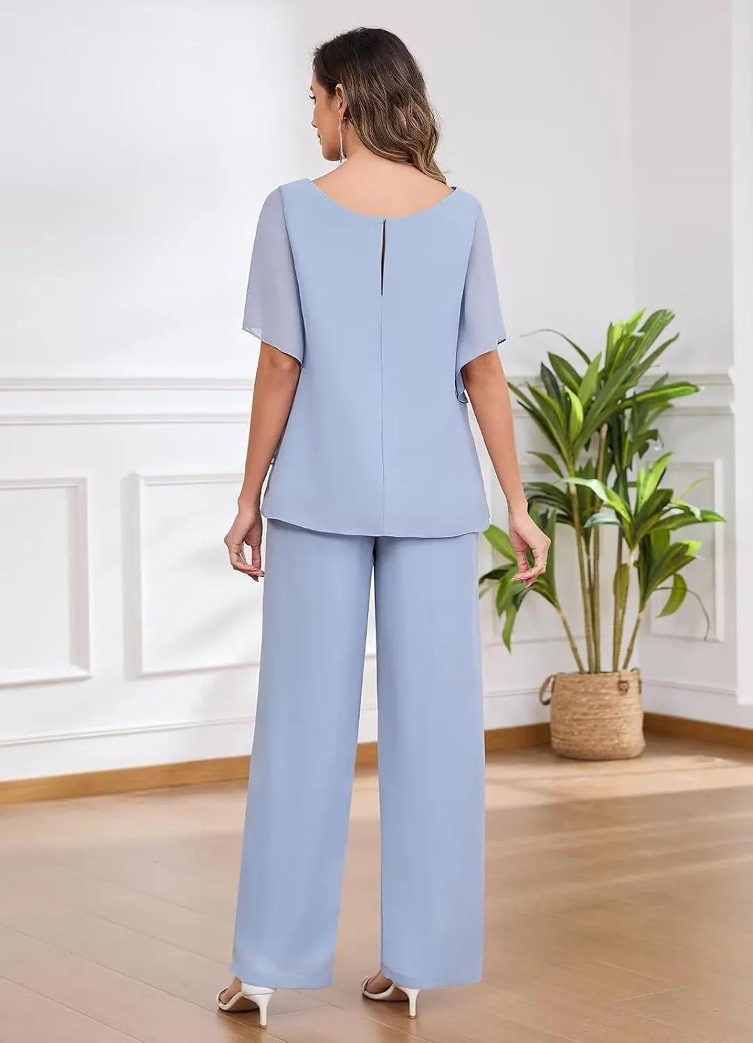 BANTRATIC 2 Pieces Mother of The Bride Pantsuits for Wedding Half Sleeve Formal Chiffon Evening Prom Cocktail Pant Outfit
