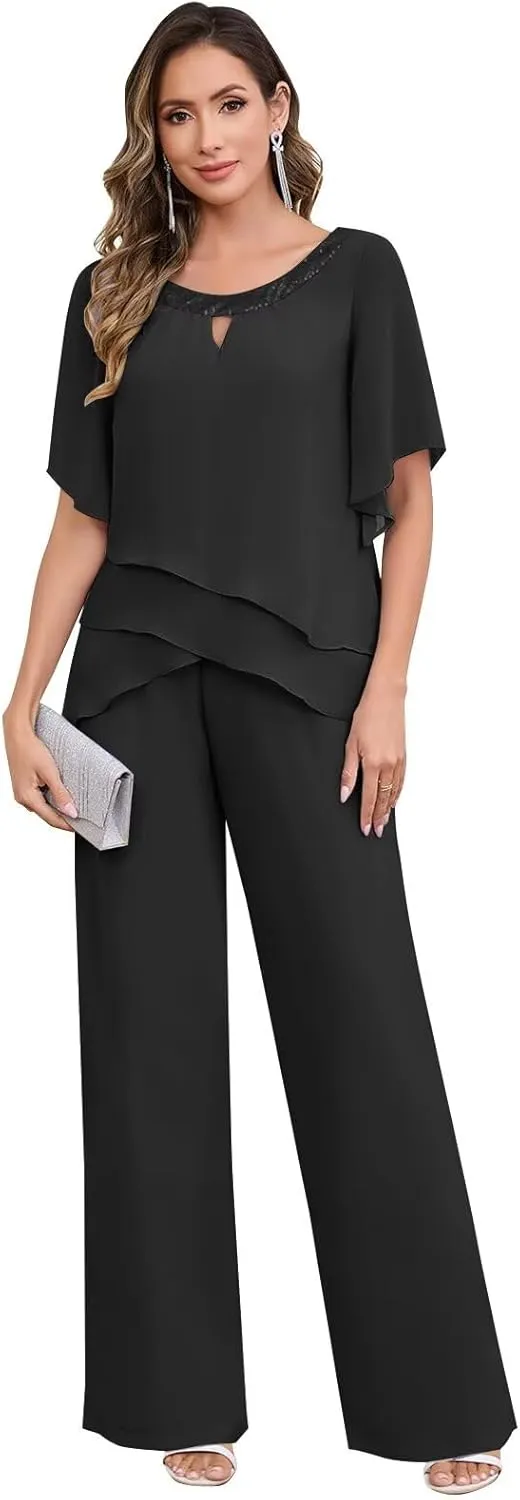 BANTRATIC 2 Pieces Mother of The Bride Pantsuits for Wedding Half Sleeve Formal Chiffon Evening Prom Cocktail Pant Outfit