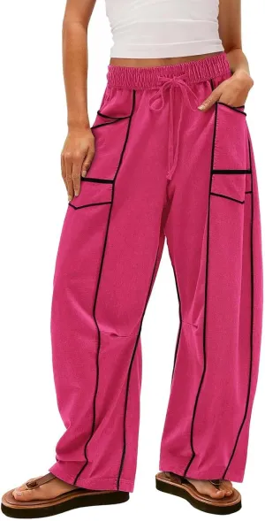Barrel Pants Women Baggy Wide Leg Casual Summer Palazzo Drawstring Elastic High Waist Lounge Sweatpants with Pockets