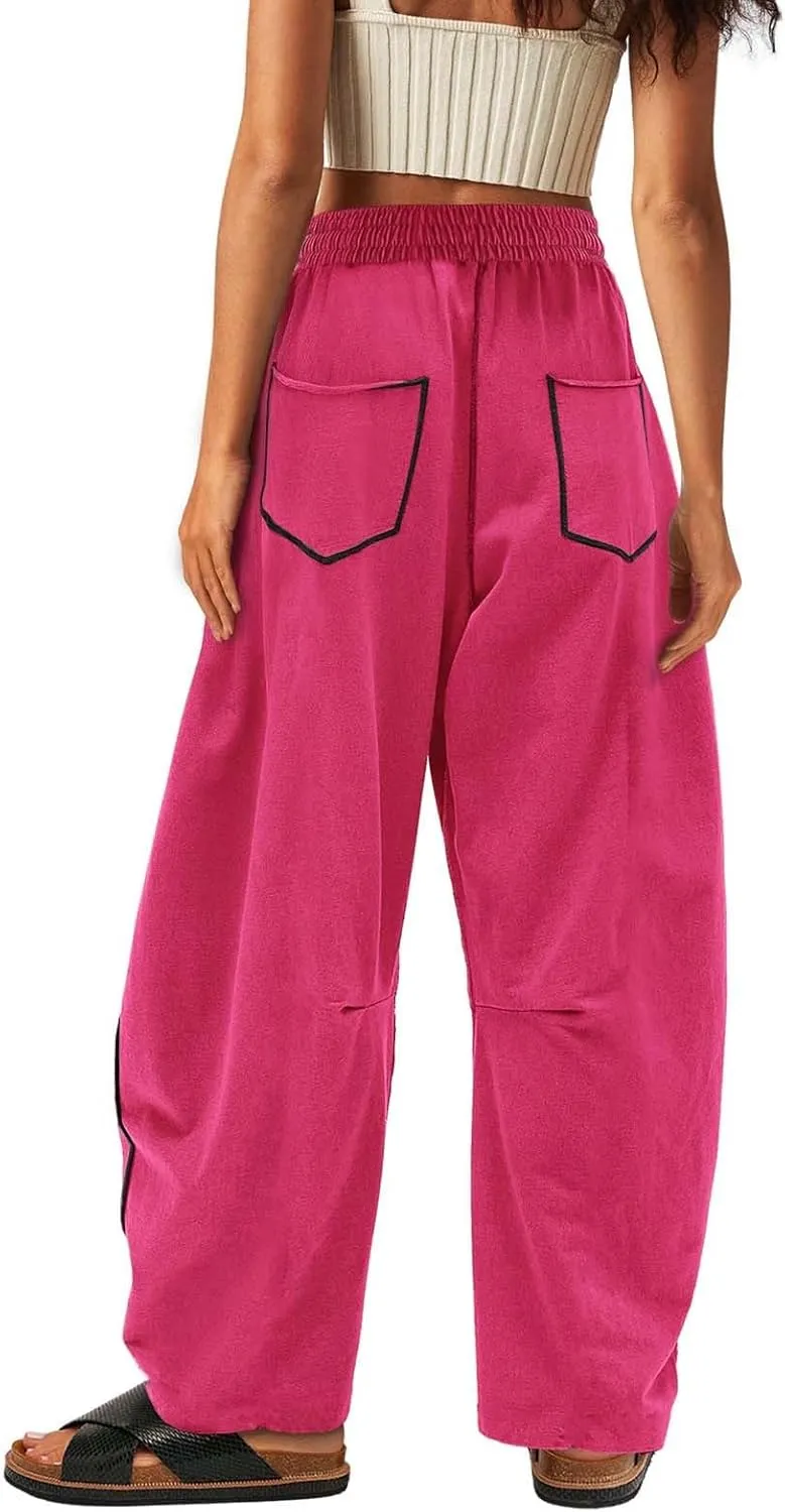 Barrel Pants Women Baggy Wide Leg Casual Summer Palazzo Drawstring Elastic High Waist Lounge Sweatpants with Pockets