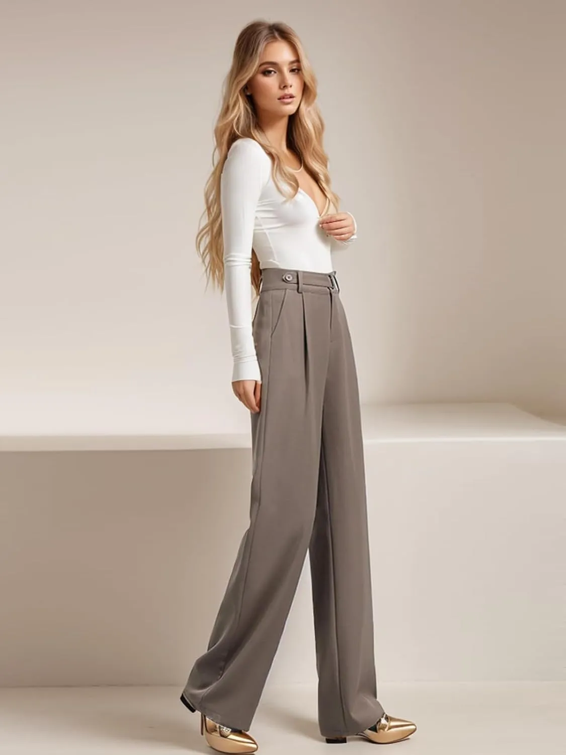 Betusline Women's Wide Leg Pants Business Casual Straight Office Trousers for Women, X-Small-3X-Large