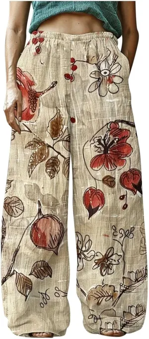 Boho Pants for Women 2025 Summer Wide Leg Linen Pants High Waist Floral Casual Loose Palazzo Trousers with Pockets