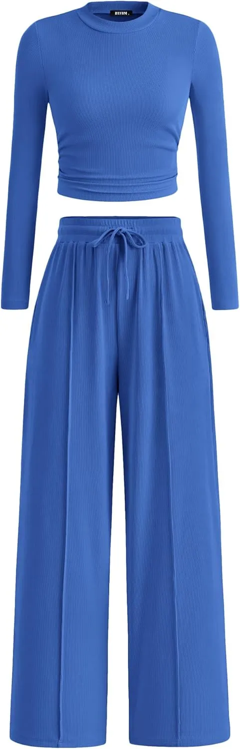 BTFBM Casual 2 Piece Sets For Women Spring Outfits 2025 Long Sleeve Crop Top Wide Leg Pants Summer Matching Lounge Set