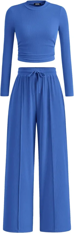 BTFBM Casual 2 Piece Sets For Women Spring Outfits 2025 Long Sleeve Crop Top Wide Leg Pants Summer Matching Lounge Set